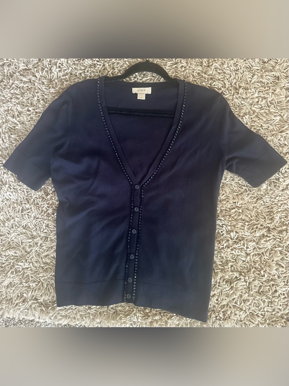 LOFT Navy Beaded V-Neck Cardigan Sweater